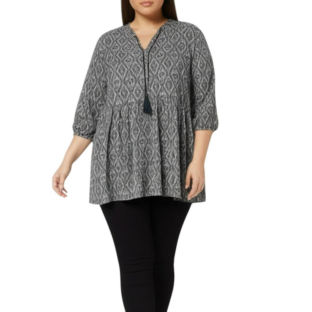 Fred David Ikat Peasant Blouse 2X  Gray Boho Tunic Balloon Sleeve Tassel Top